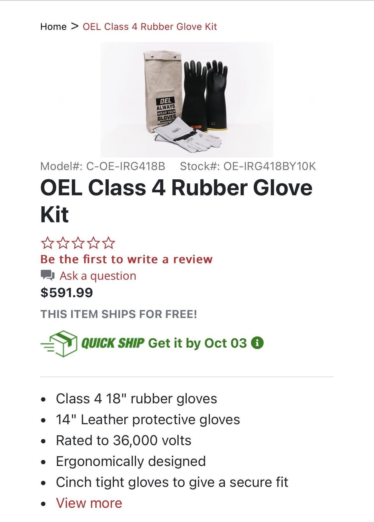 OEL CLASS 4 rubber glove kit size 11