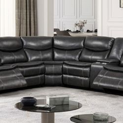 Brand New Grey Leather Reclining Sectional Sofa 