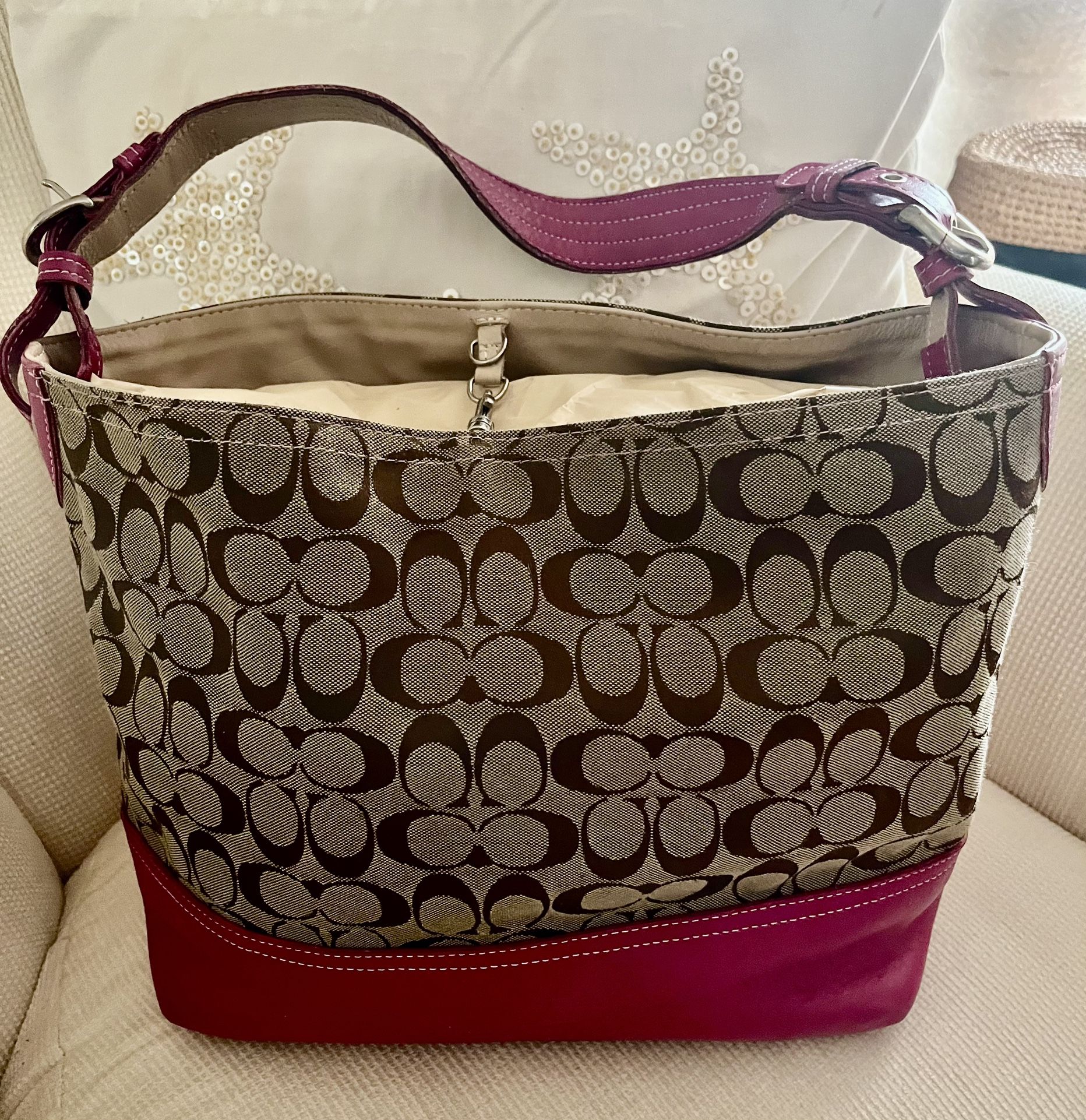 Coach Pink Leather Jacquard Tote 14x10x5.5