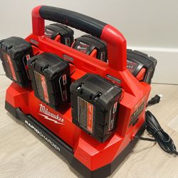 M18 18V Lithium-Ion PACKOUT 6-Port Rapid Charger & 6 XC 5.0 battery