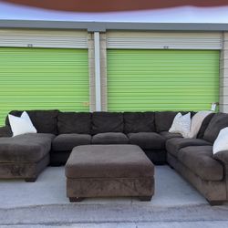 Brown Sectional Couch With Delivery & Ottoman 