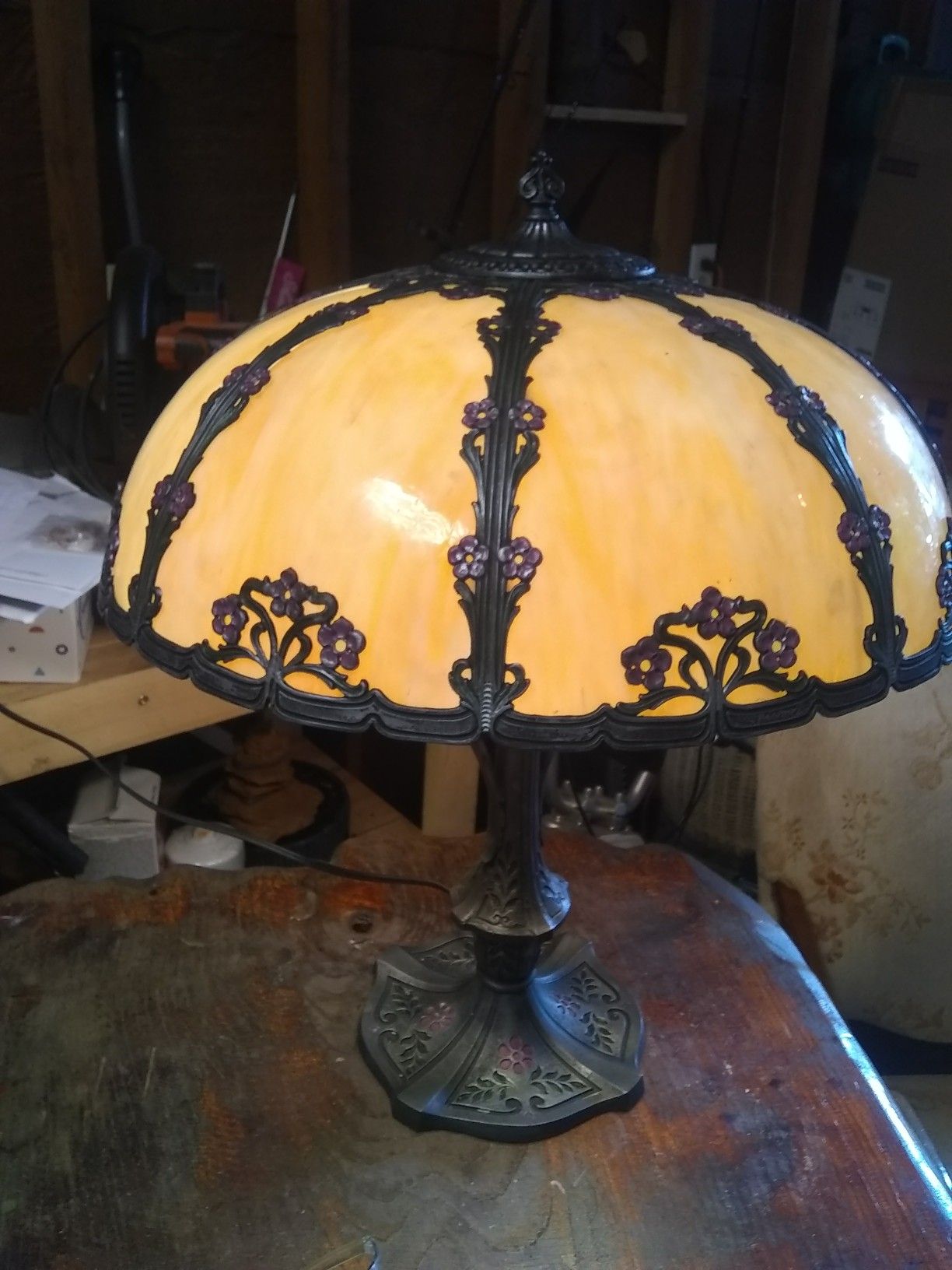 French Vintage 1930's hand painted slag glass lamp