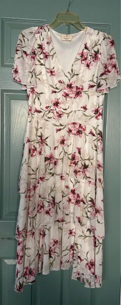 White Floral Tiered Midi Dress Lg