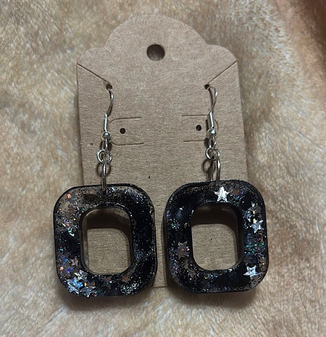 Black Glitter Square Earrings