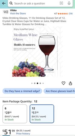 Vikko Drinking Glasses, 11 Oz Drinking Glasses Set of 12, Crystal Clear Glass Cups