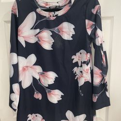 Yoins Navy Blue Floral Long Sleeve Tunic, Size Small