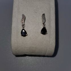 Sterling Silver 925. Black Onyx Drop Stud Earrings 