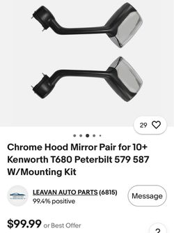 Chrome Hood Mirror Pair for 10+ Kenworth T680 Peterbilt 579 587 W/Mounting Kit