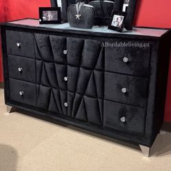 Black Velvet Dresser W/ Acrylic Crystal Knobs Brand New In Box 