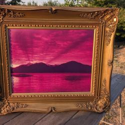 25x29" Ornate Baroque-Style Gold Wood Frame w/ Pink Sunset Lake Scene Art

