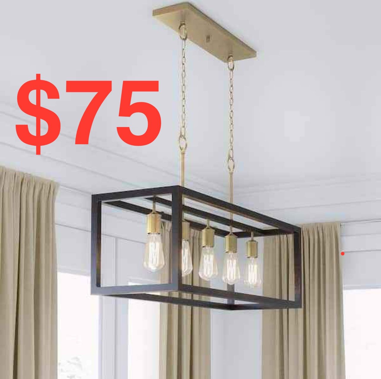 Home Decorators Collection Boswell Quarter 34 in. C Light Gold Coastal Farmhouse Linear Island Chandelier with Black Distressed Wood Accents  New in g