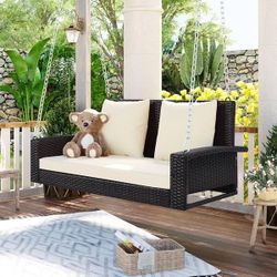 50” Brown Wicker Porch Swing w/ White Cushion [NEW IN BOX] **Retails for $285