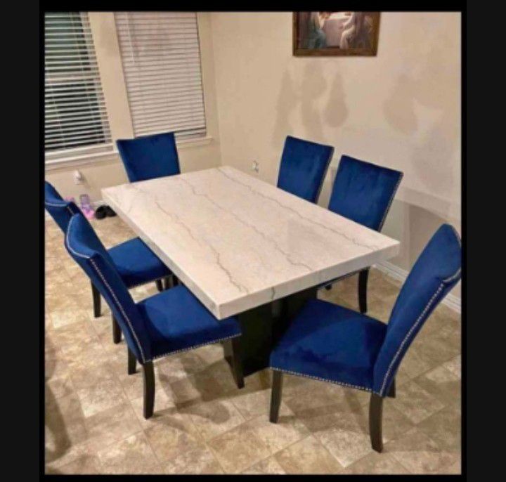 Marble Rectangular Dining Table And 4 Chairs Blue Velvet 🌼5 Piece Dining Room Set🥂Special Discount 💥‼️Fastest Delivery ✅