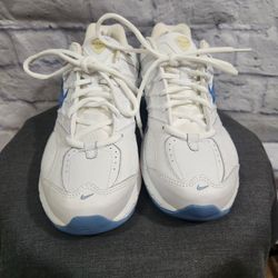 Nike Womens White & Blue Air Monarch IV Training Shoes Size 10 Leather Upper Athletic Sneakers