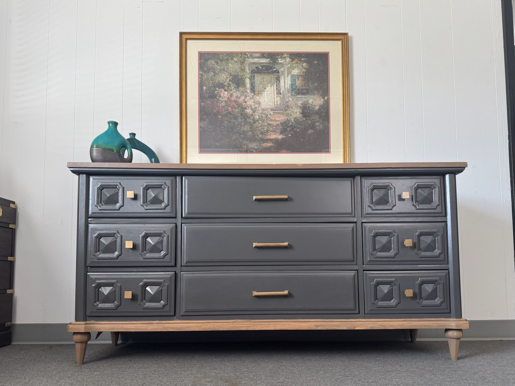Grey Modern Dresser with Wood Top and Base (Delivery Available)