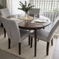 Mid Century Brown Round Dining Table w/ Set of 4 Upholstered Gray Nailhead Chairs