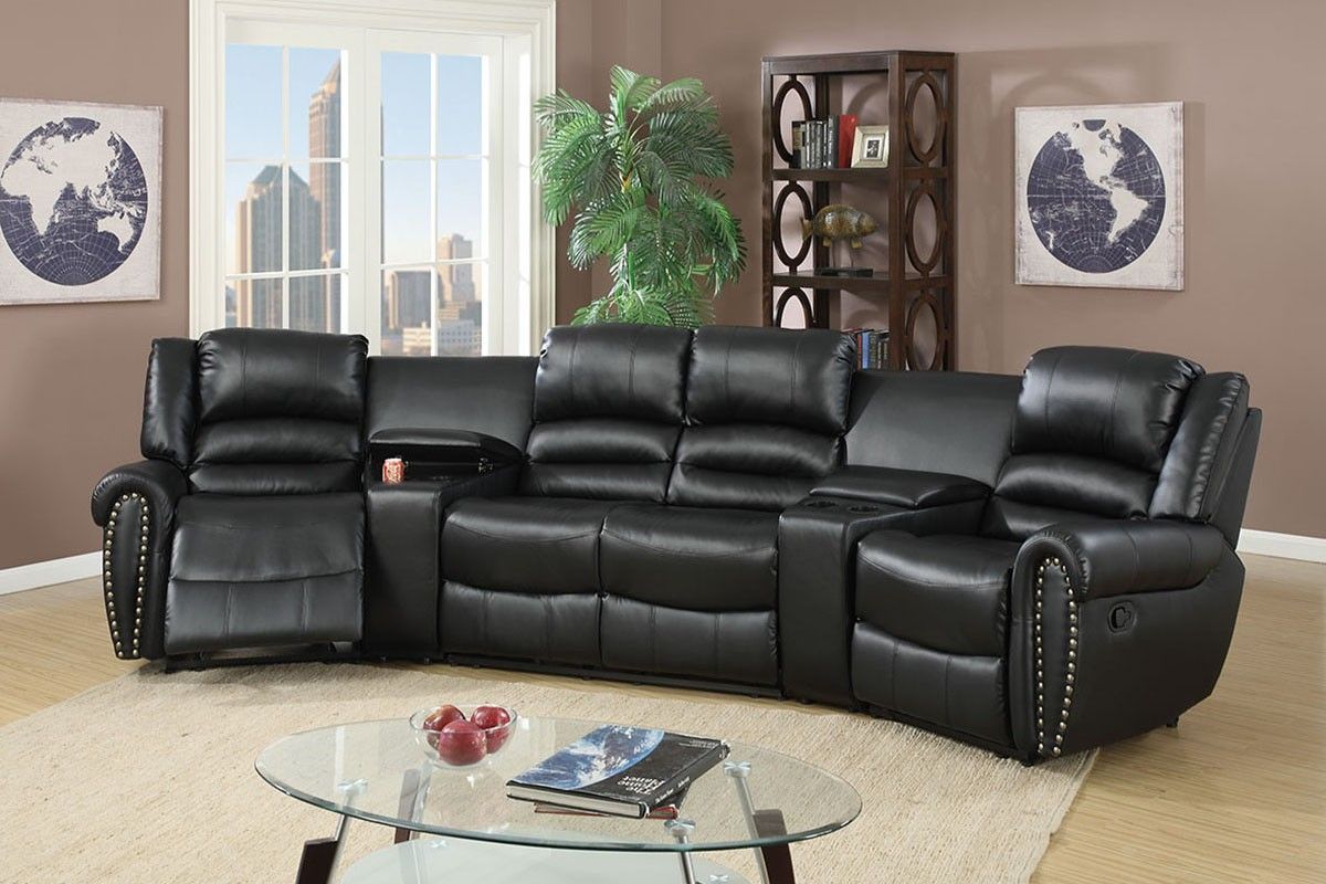 Brand New Black Leather Theatre Style Reclining Sectional Sofa