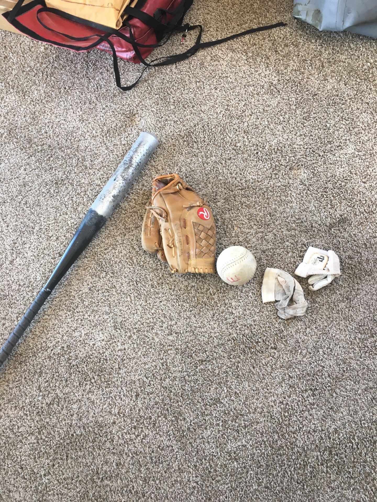 Softball bat glove and ball and gloves