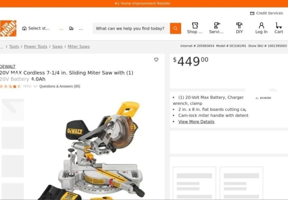 Dewalt Miter Saw 7-1/4 Sliding 20V Max - 4.0Ah