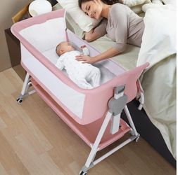Bedside Sleeper, Pink and White 7 Adjustable Height, Breathable Mesh Sides & Mattress, XL Storage, Easy Folding