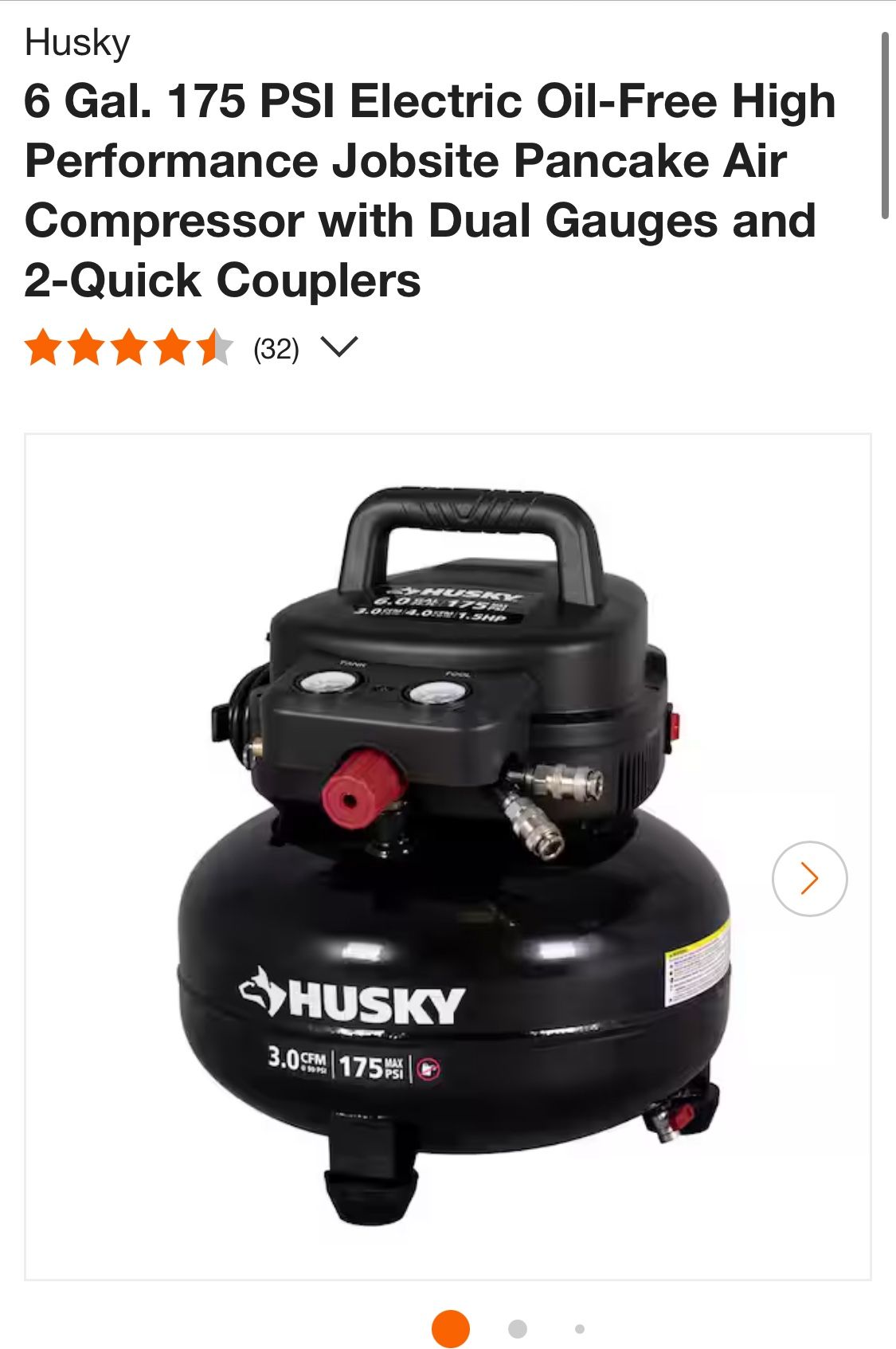 Husky 6 Gal. 175 PSI Electric Oil-Free High Performance Jobsite Pancake Air Compressor with Dual Gauges and 2-Quick Couplers
