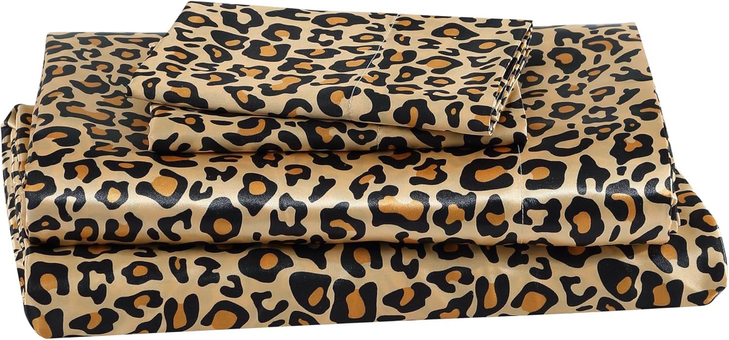 Beatrice Home Fashions 100% Luxury Satin Polyester Sheet Set, King, Leopard