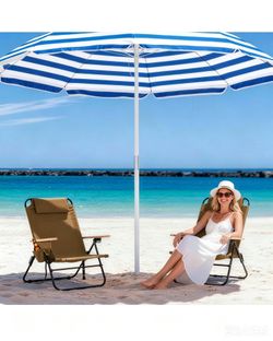 Brand New Combo: 2 Pack Brown Reclining Beach Chairs + 6.5FT Tilt Beach Umbrella, All Unopened All items brand new in original boxes, never used! Bund