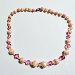 Vintage Japan Pearl, Crystal And Pink Jade Necklace 