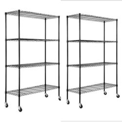 BRAND NEW SET OF TWO Shop VEVOR 4-Tier Storage Shelving Unit and Wheels, 700 lbs. Capacity, Heavy Duty Steel Wire Rack, Black, 47.2 x 17.7 x 74 in.
