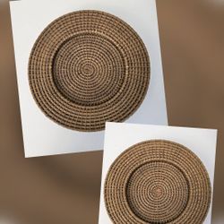 2 RATTAN CHARGER PLATES 13"  Vintage Natural Woven Wicker Beach Boho