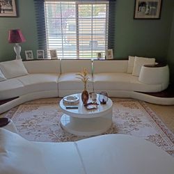 Beautiful White Italian Leather Couches With Solid Wood Trim. Seat Six Round Matching Coffee Table Included