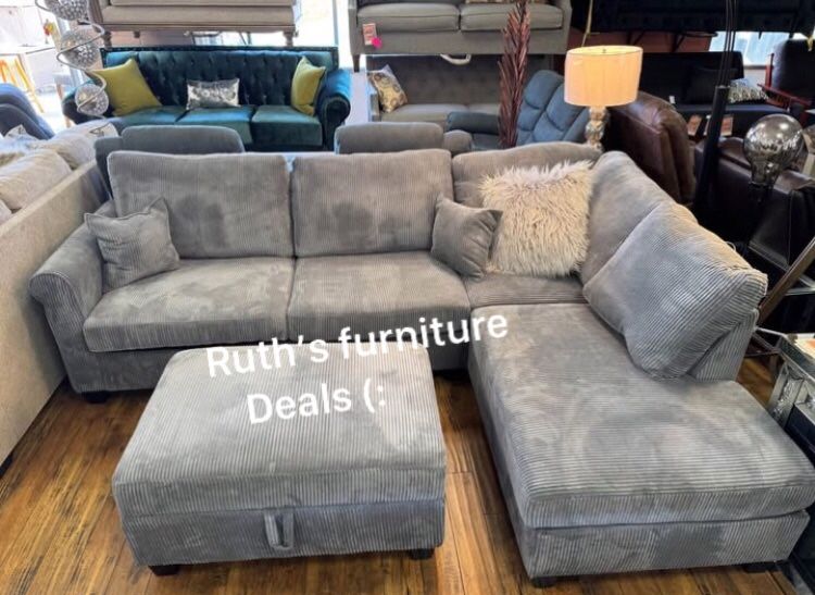 3-pc Sectional Sofa With Storage Ottoman Grey Corduroy Fabric Brand New
