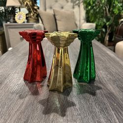 Set of 3 Gold / Green / Red Taper Candle Holders