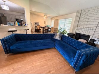 Large Velvet Blue Tufted L-Shaped Sectional