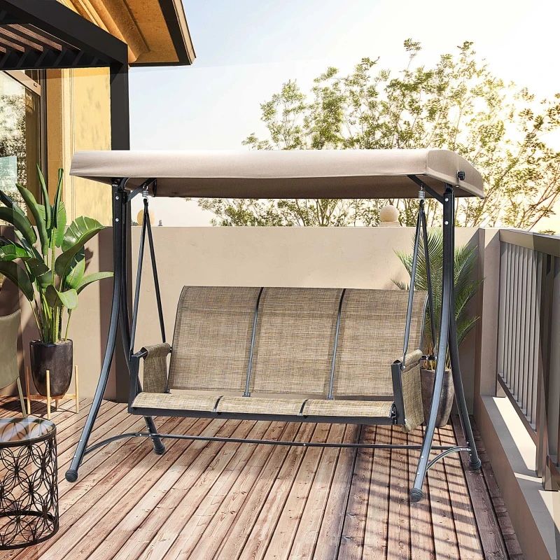 3-Seat Outdoor Porch Swing Chair, Patio Swing Glider with Adjustable Canopy, Breathable Seat, and Steel Frame for Garden, Poolside, Backyard, Gray