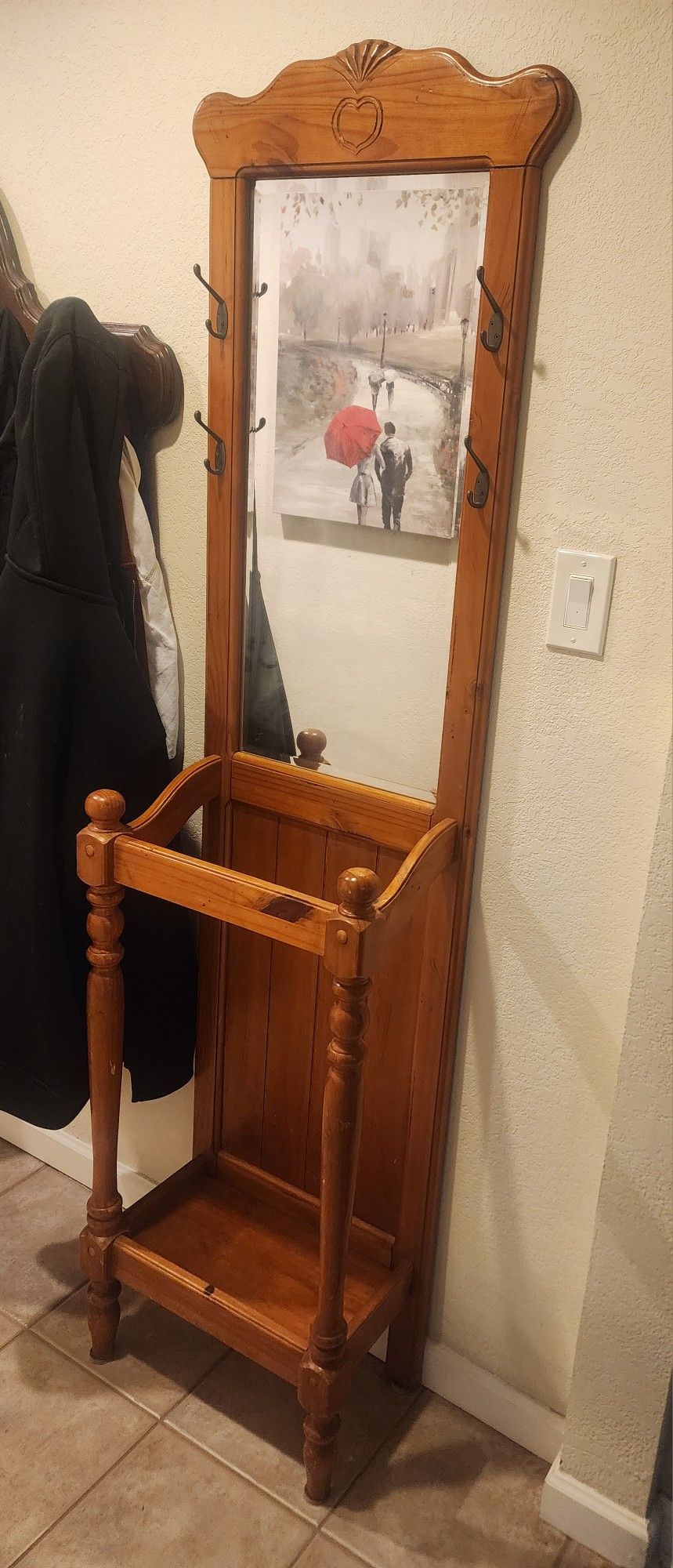 Nice Wood Vintage Style Entryway Mirror Coat Hanger And Umbrella Holder