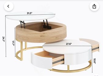 Modern Round Lift-Top Nesting Coffee Tables With 2 Drawers White & Natural