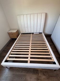 West Elm REM Andes Queen One Box Bed in white upholstery.