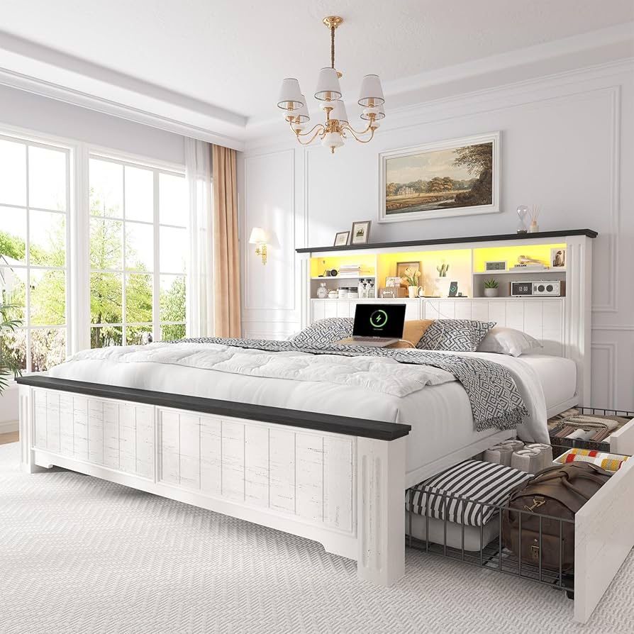 0952Queen Bed Frame with Headboard and Storage, 4 Drawers & LED & USB Bed Frame Queen Size with Storage Farmhouse, Built in Charging Station,NO Noise,