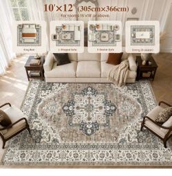 8x10 Area Rug for Living Room Washable Vintage Non Slip Brown Large Soft Low Pile Distressed Farmhouse Carpet, Stain Resistant for Bedroom Dining Room
