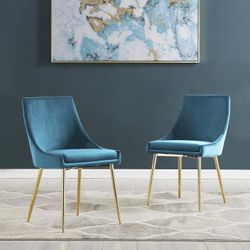 Set Of 2 Velvet Dining Chairs (Gold Blue)