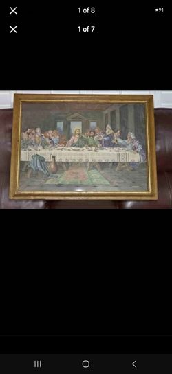 E George DeVille Sand Painting of the "Last Supper" Framed Gold Wood Frame
