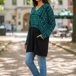 DAIRI One Size V Neck Gorgeous Monk Tunic Shirt Top Cotton Rayon Morocco Blue