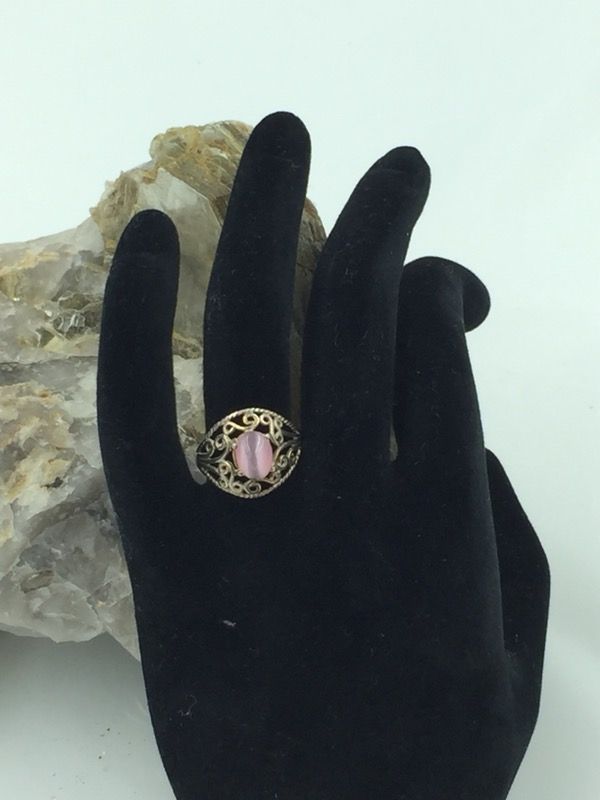 925 STER Silver Pink Cabochon Cat’s Eye Ring 6