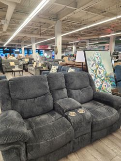 Dark Gray Fabric Reclining Loveseat with Console