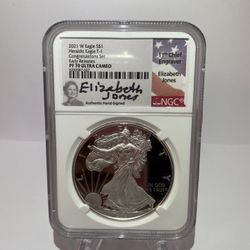 2021 Silver Eagle Type 1 Proof - Early Releases Congratulations Set- NGC PF70 Elizabeth Jones Signed Label