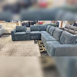 Dark gray corduroy sectional sofa with console