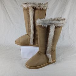 Women 7 JustFab Knee High Beige/ White Fur Winter Boots
