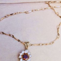 intage Real Gold Garnet Diamond Flower Pendant Necklace