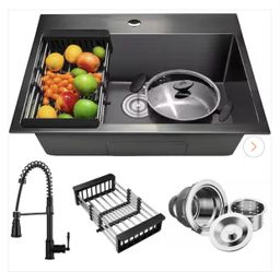 All-in-One Matte Black Finished Stainless Steel 25 in. x 22 in. Drop-In Single Bowl Kitchen Sink with Spring Neck Faucet